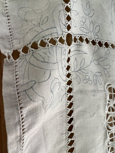 Antique LARGE French DOILY linen work in progress OPENWORKS napperon c1920