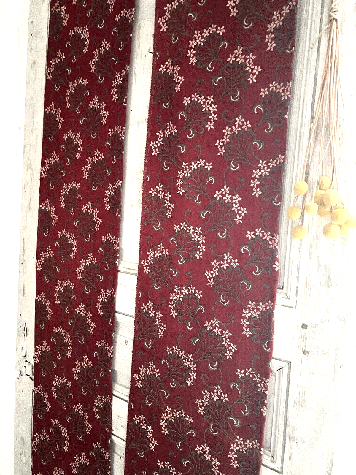 Pair antique French FLORAL JACQUARD CURTAINS cramoisi RED c1900