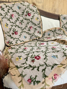 Vintage French PAIR TAPESTRY cotton chair covers floral bouquets c1950