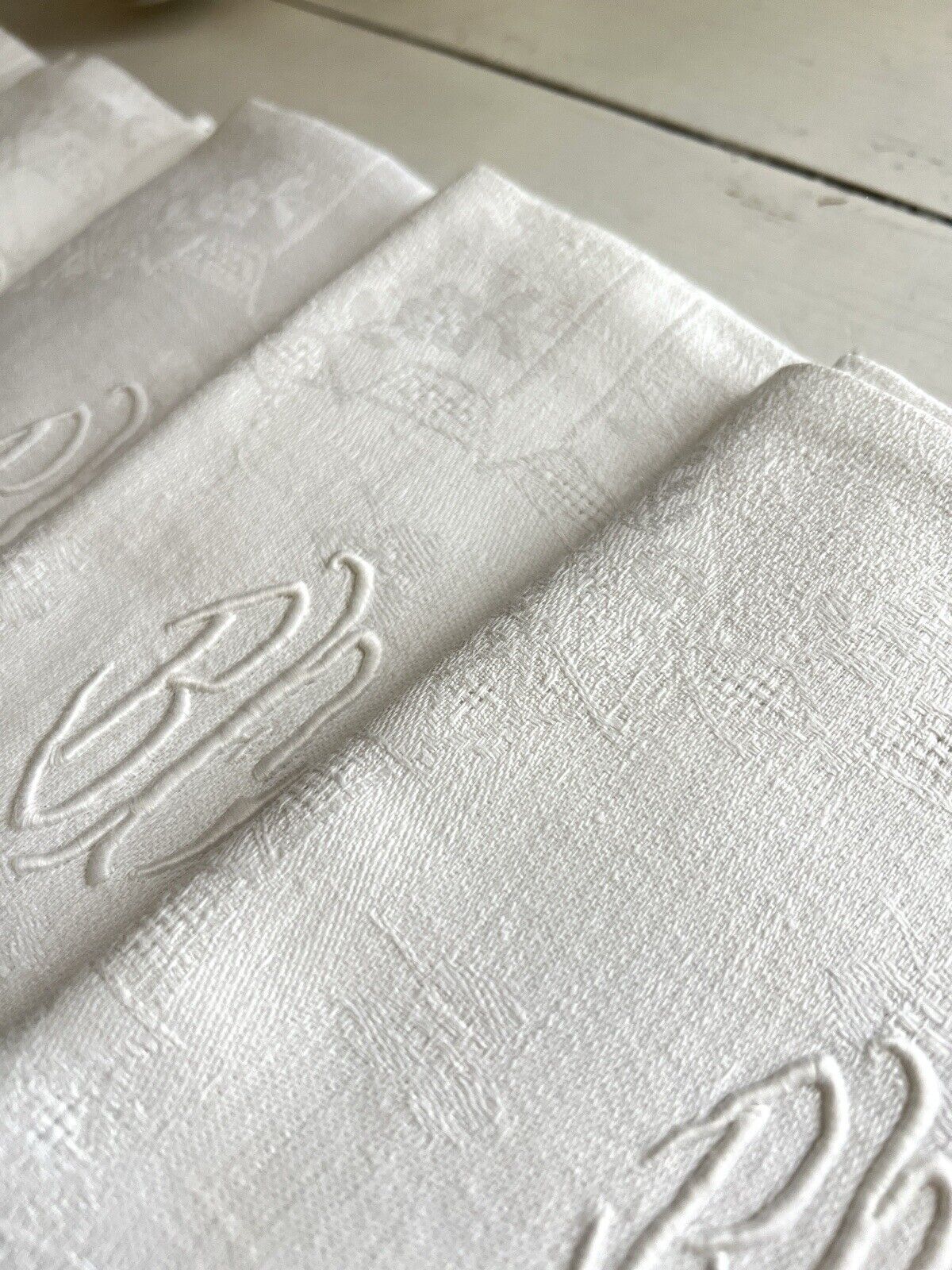 COMPLETE SET 12 Art Deco French DAMASK LINEN NAPKINS openworks BC mono c1930