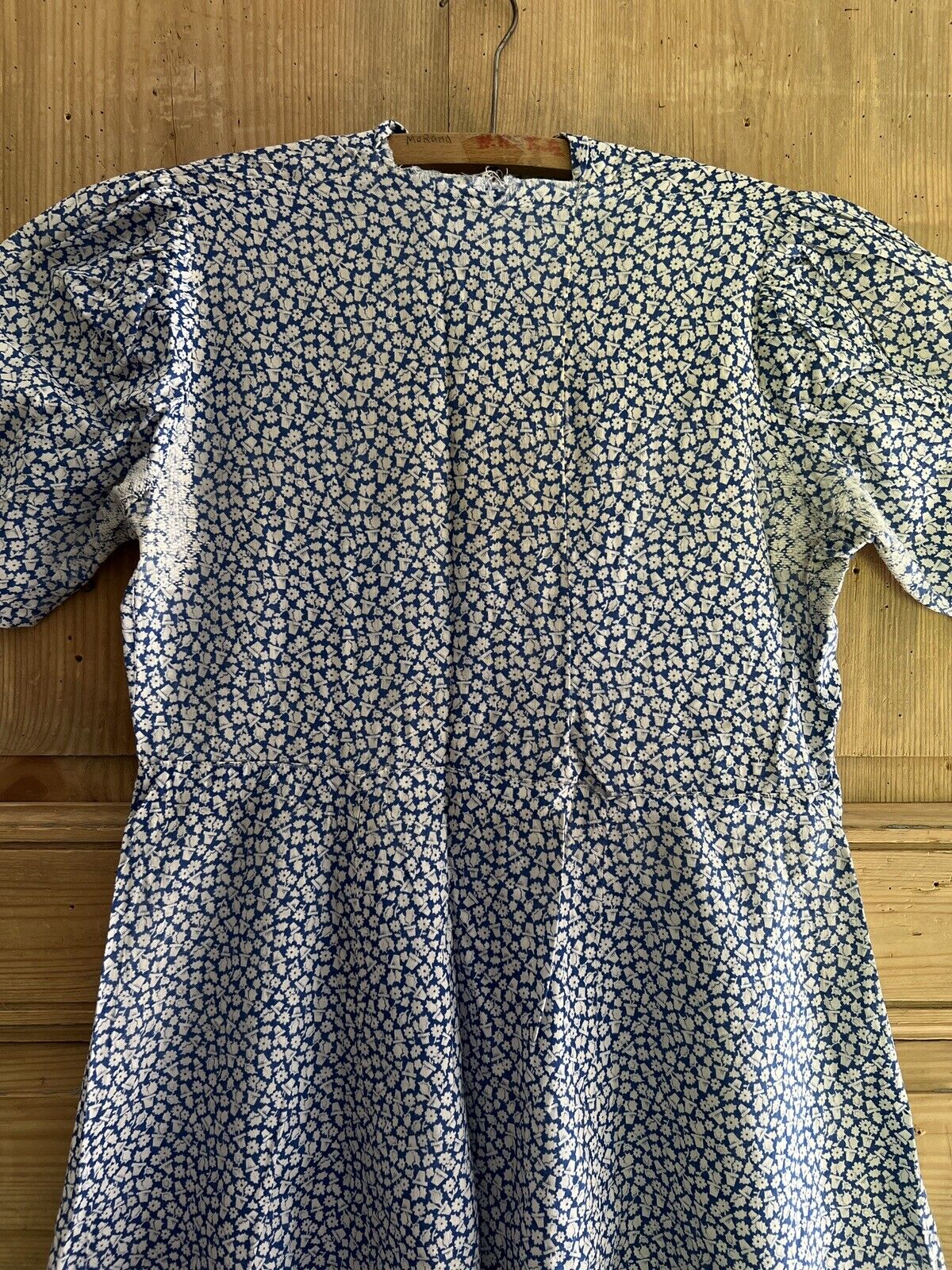 Vintage French cotton FLORAL BLUE DRESS mended c1950