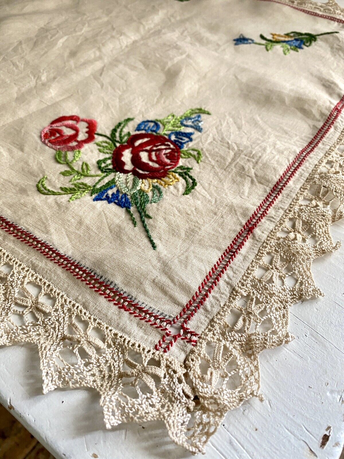 Vintage French linen DOILY floral EMBROIDERIES napperon NATURAL TONES LACE c1930