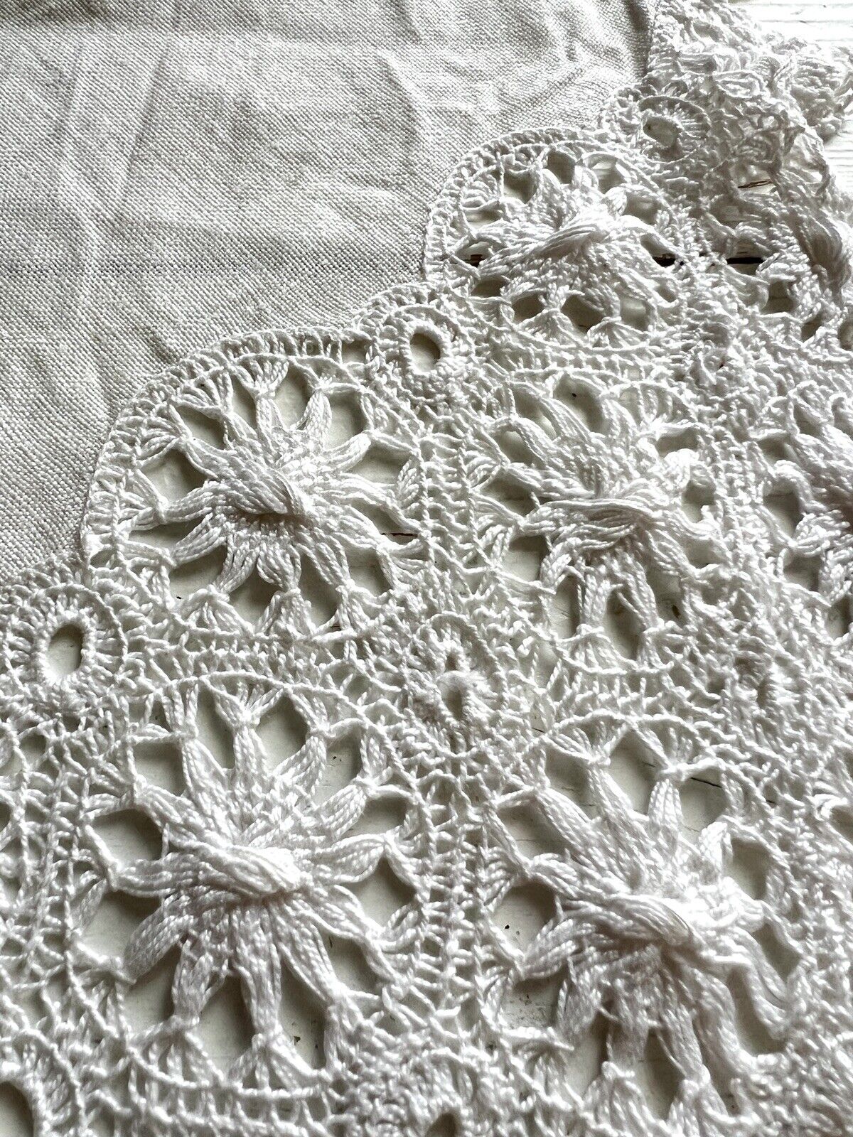 Vintage French EMBROIDERED filet lace LINEN tea TABLECLOTH c1930