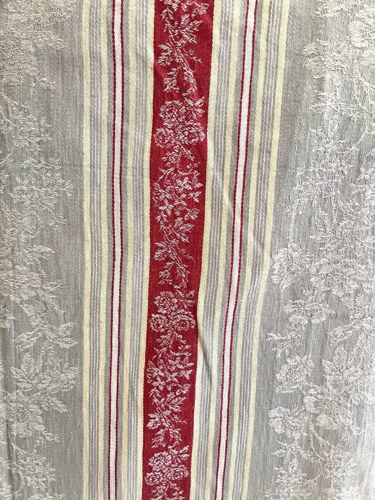 Rare Empire French DAMASK TICKING linen red FLORAL c1870