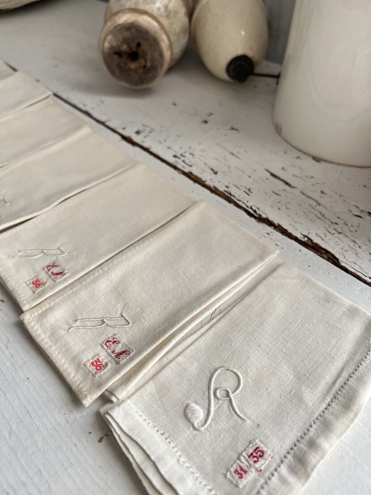 Set of 6 antique French  LINEN COTTON blend HANDKERCHIEF R mono c1900