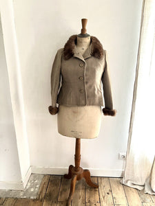 Vintage French woman beige wool spencer JACKET MINK FUR collar c1950