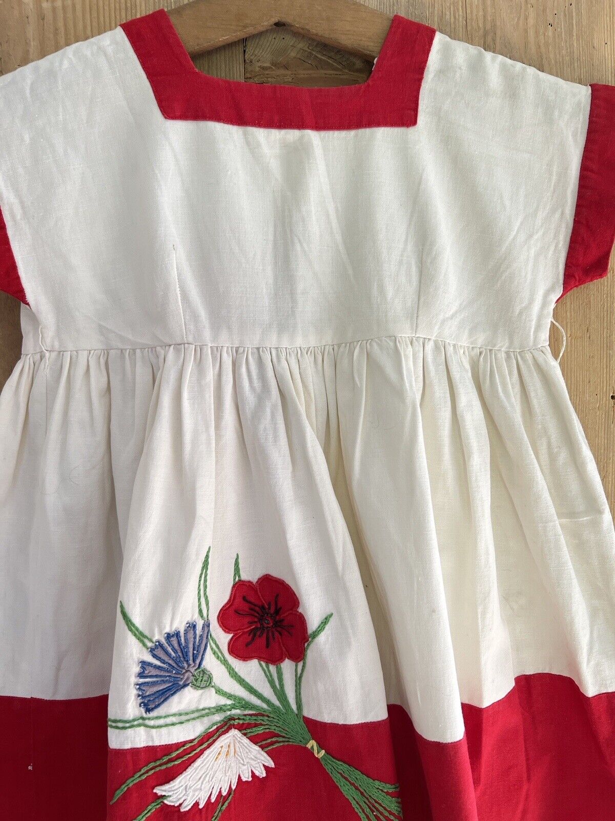 Vintage French COTTON child DRESS FLORAL embroidered TWO TONES c1950