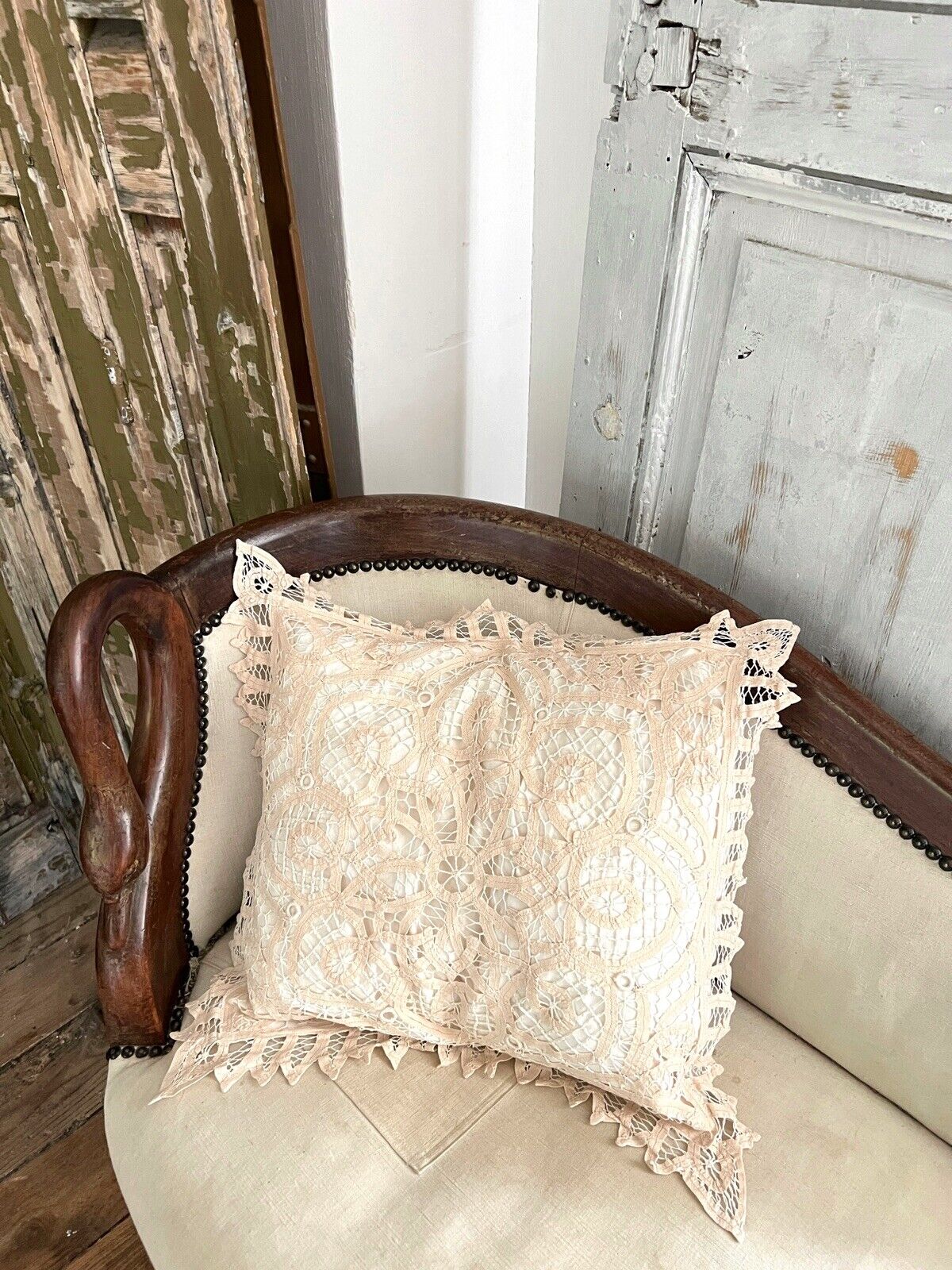 Vintage French Richelieu embroidery PILLOW COVER ivory tone c 1950