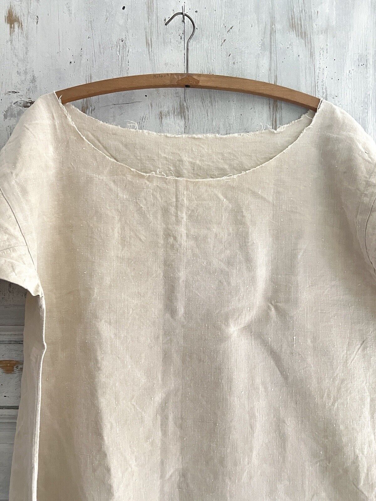 Antique French PRIMITIVE natural FLOPPY LINEN nightshirt UNFINISHED c1830