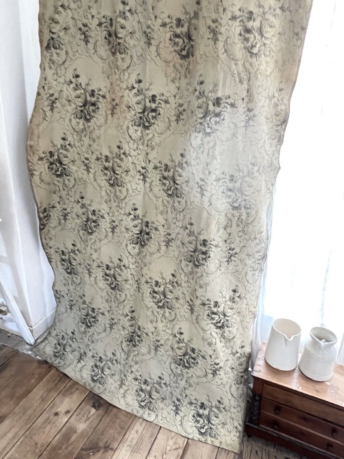 Antique French long DAMASK cotton FLORAL GREY beige CURTAIN drape c1910