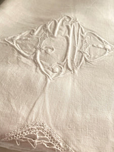 Art Deco French LINEN FIL TROUSSEAU sheet OPENWORKS MI mono c1930