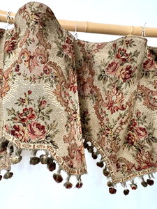 Antique French PAIR floral DAMASK VALANCE braid POMPOMS roses DECOR padded c1850