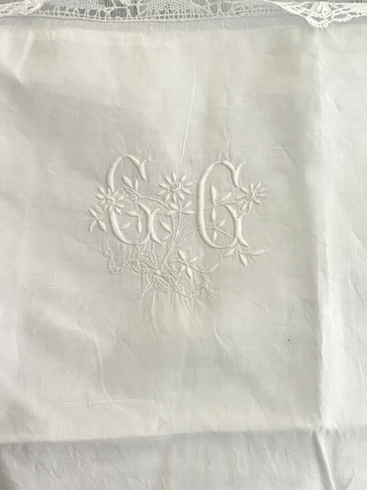 Antique French EMBROIDERED linen  FIL PILLOW SHAM lace TRIM CC mono c1900