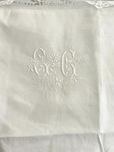 Antique French EMBROIDERED linen  FIL PILLOW SHAM lace TRIM CC mono c1900