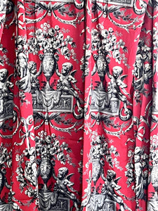 PAIR vintage French classic RED CHERUBS satin cotton CURTAINS BACKED c1950