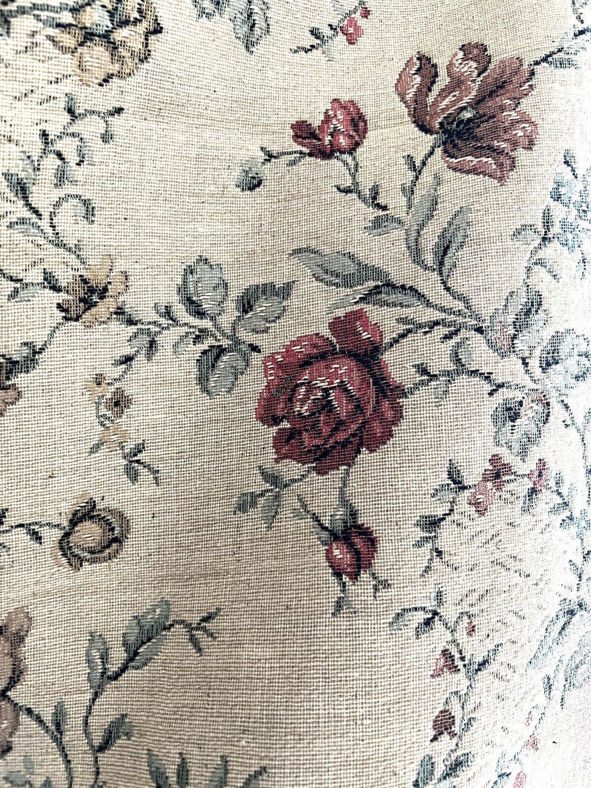 Vintage French HEAVY BOTANIC JACQUARD linen fabric ROSES panel UPHOLSTERY c1940