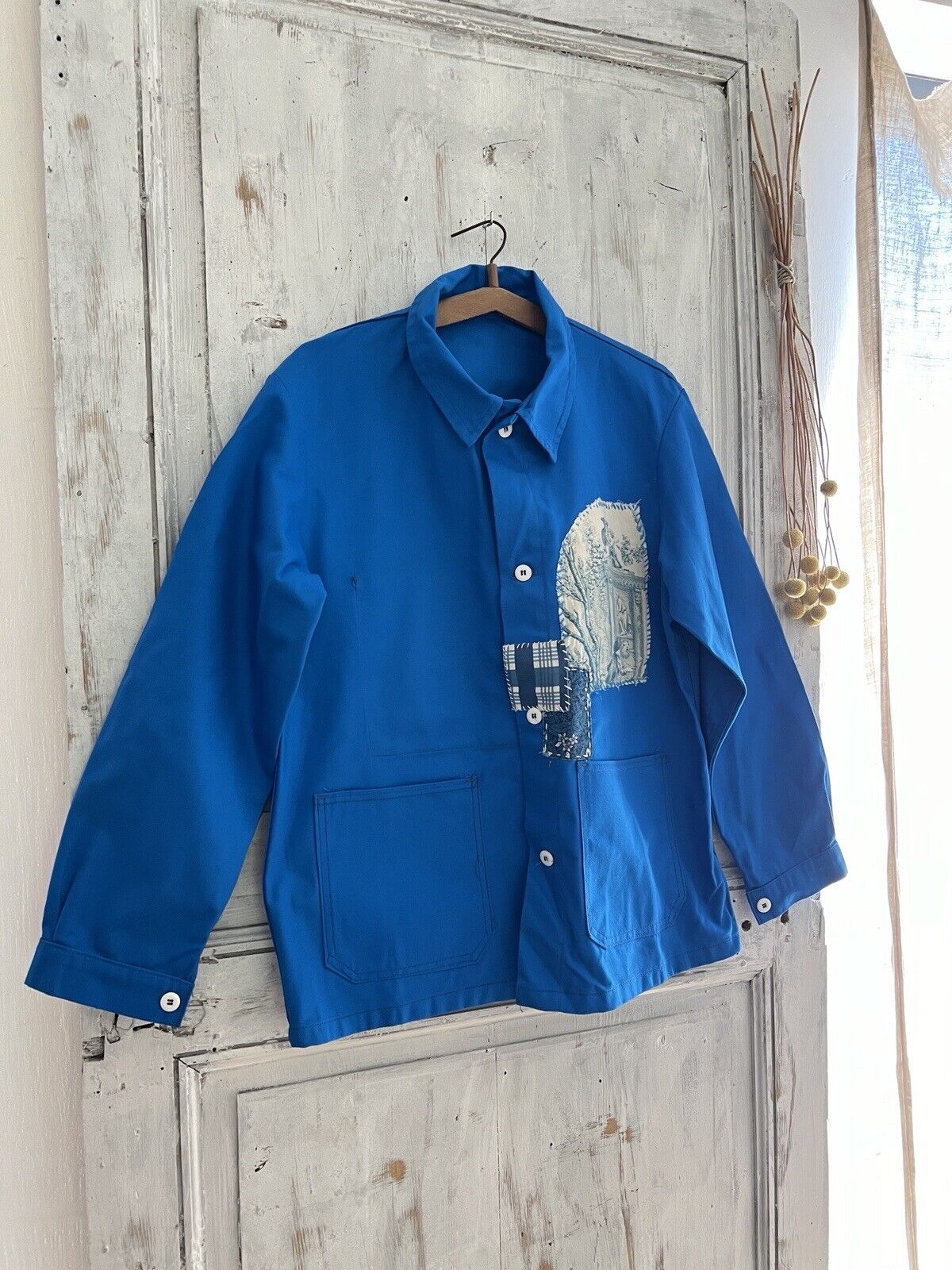 Vintage French hand PATCHED BLEU DE TRAVAIL jacket WORK WEAR INDIGO BLUE c1950