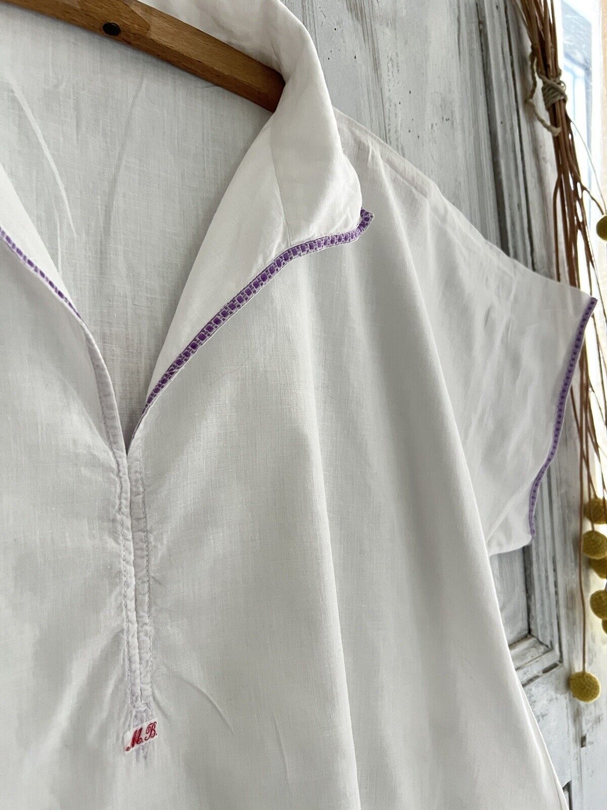 Vintage French MAN cotton gauze NIGHTSHIRT purple liseret 1930