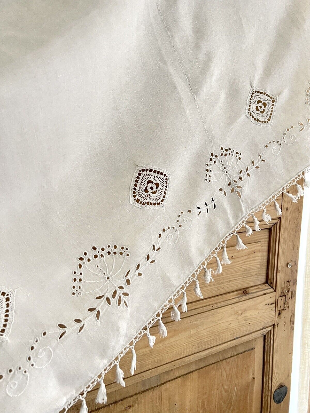 Antique French LONG linen embroidered VALANCE MANTELPIECE eyelet FRINGES c1900