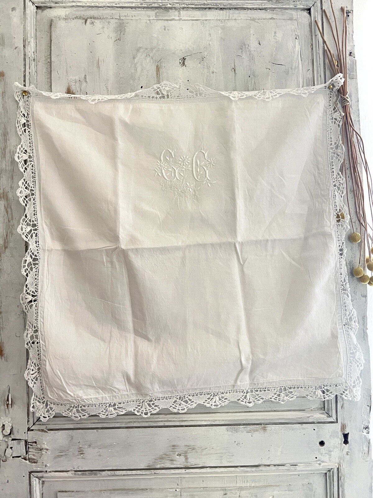 Antique French EMBROIDERED linen  FIL PILLOW SHAM lace TRIM CC mono c1900