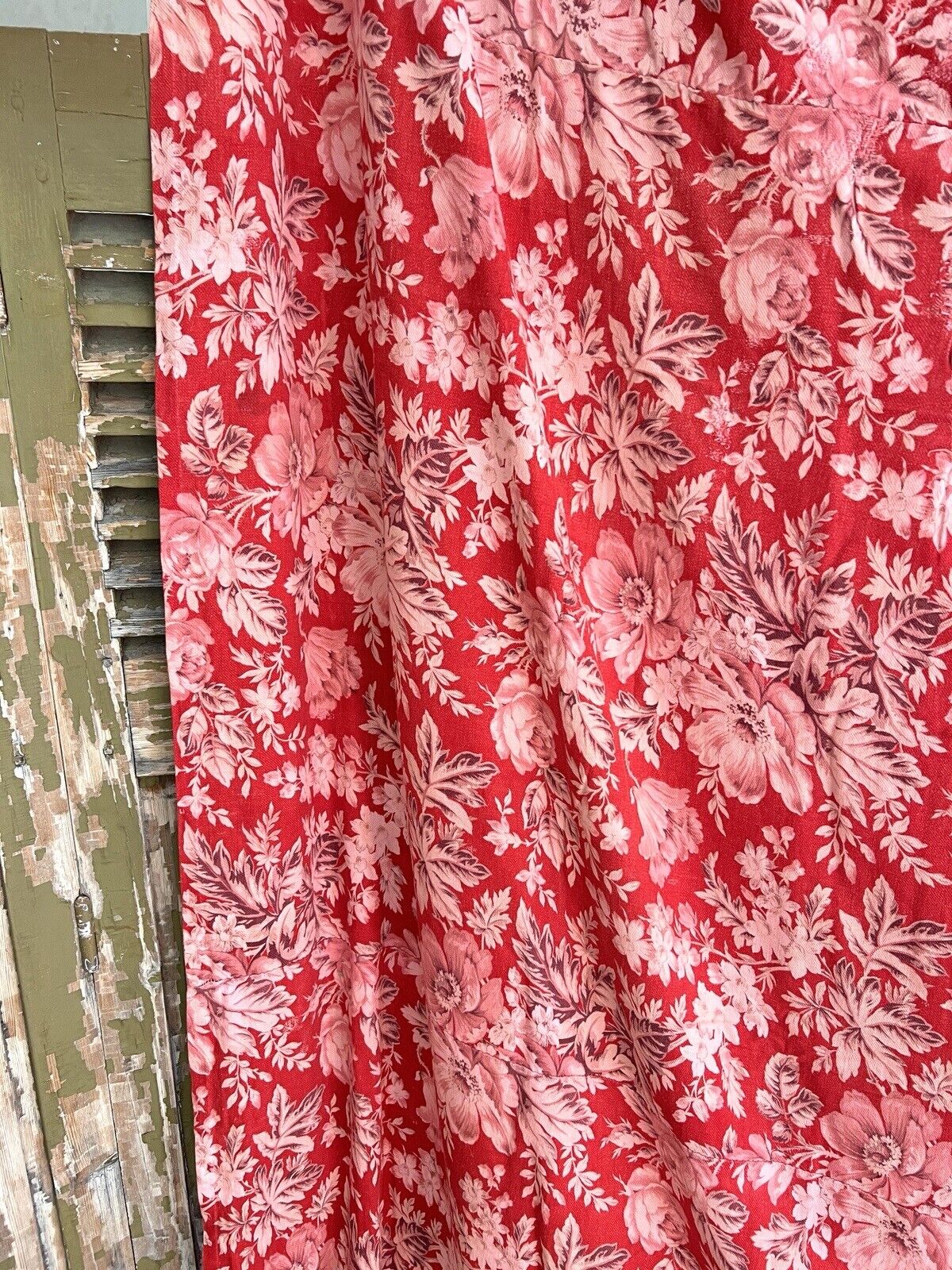 Antique French LARGE red pink FLORAL panel CURTAIN mended c1880