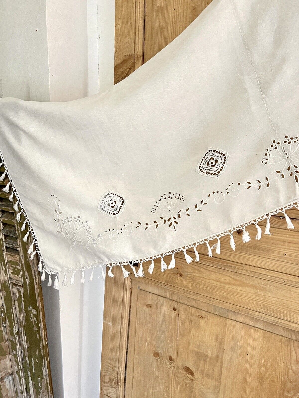 Antique French LONG linen embroidered VALANCE MANTELPIECE eyelet FRINGES c1900