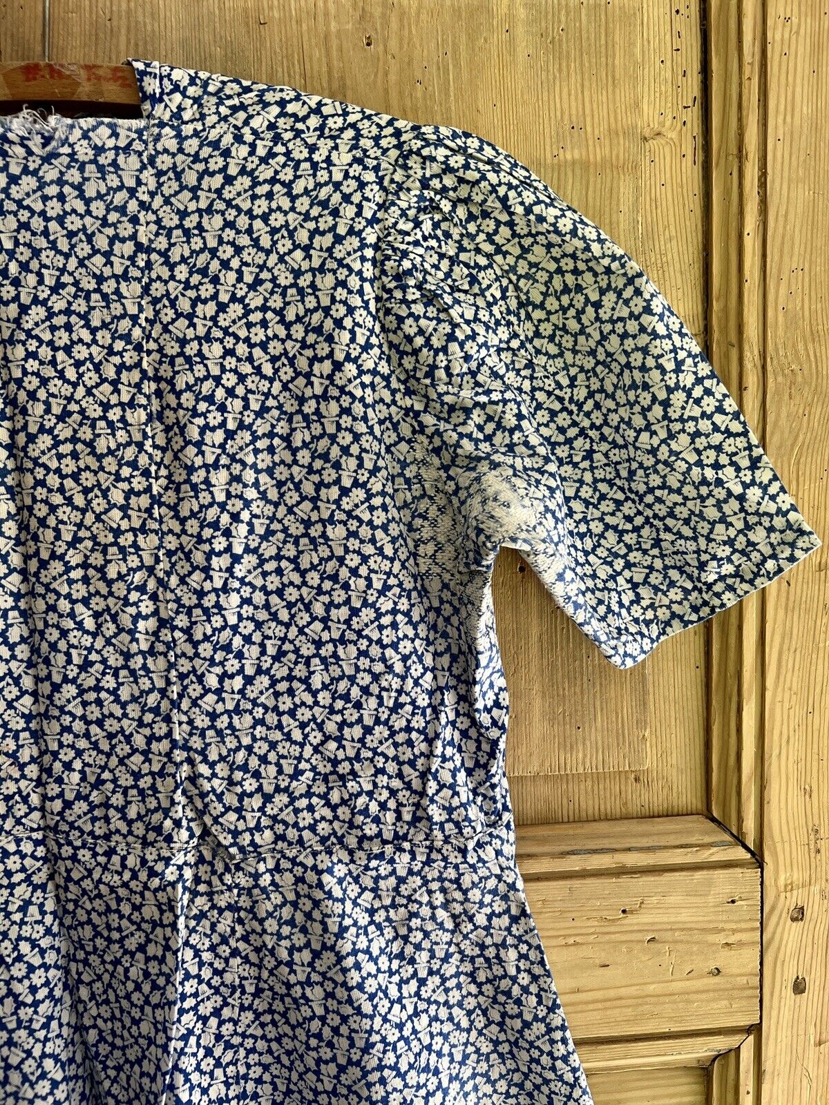 Vintage French cotton FLORAL BLUE DRESS mended c1950