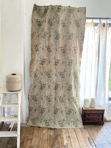 Antique French long DAMASK cotton FLORAL GREY beige CURTAIN drape c1910