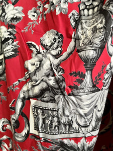 PAIR vintage French classic RED CHERUBS satin cotton CURTAINS BACKED c1950