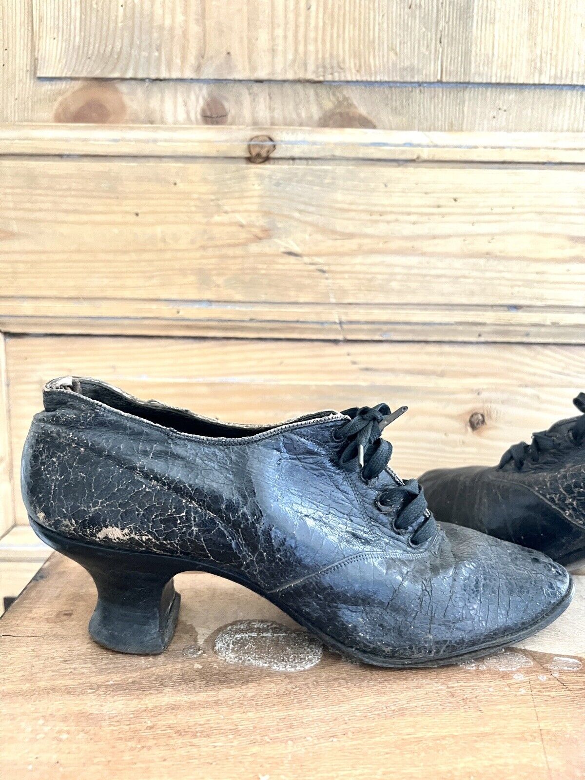 Edwardian French pair woman shoes BLACK LEATHER bobine heel WORN c1850