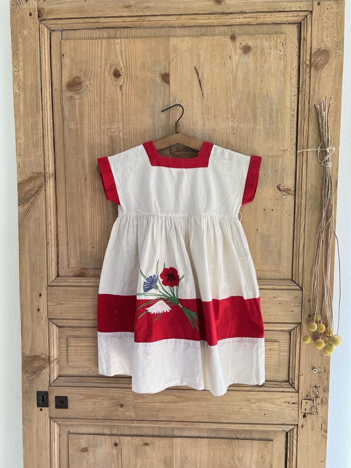 Vintage French COTTON child DRESS FLORAL embroidered TWO TONES c1950