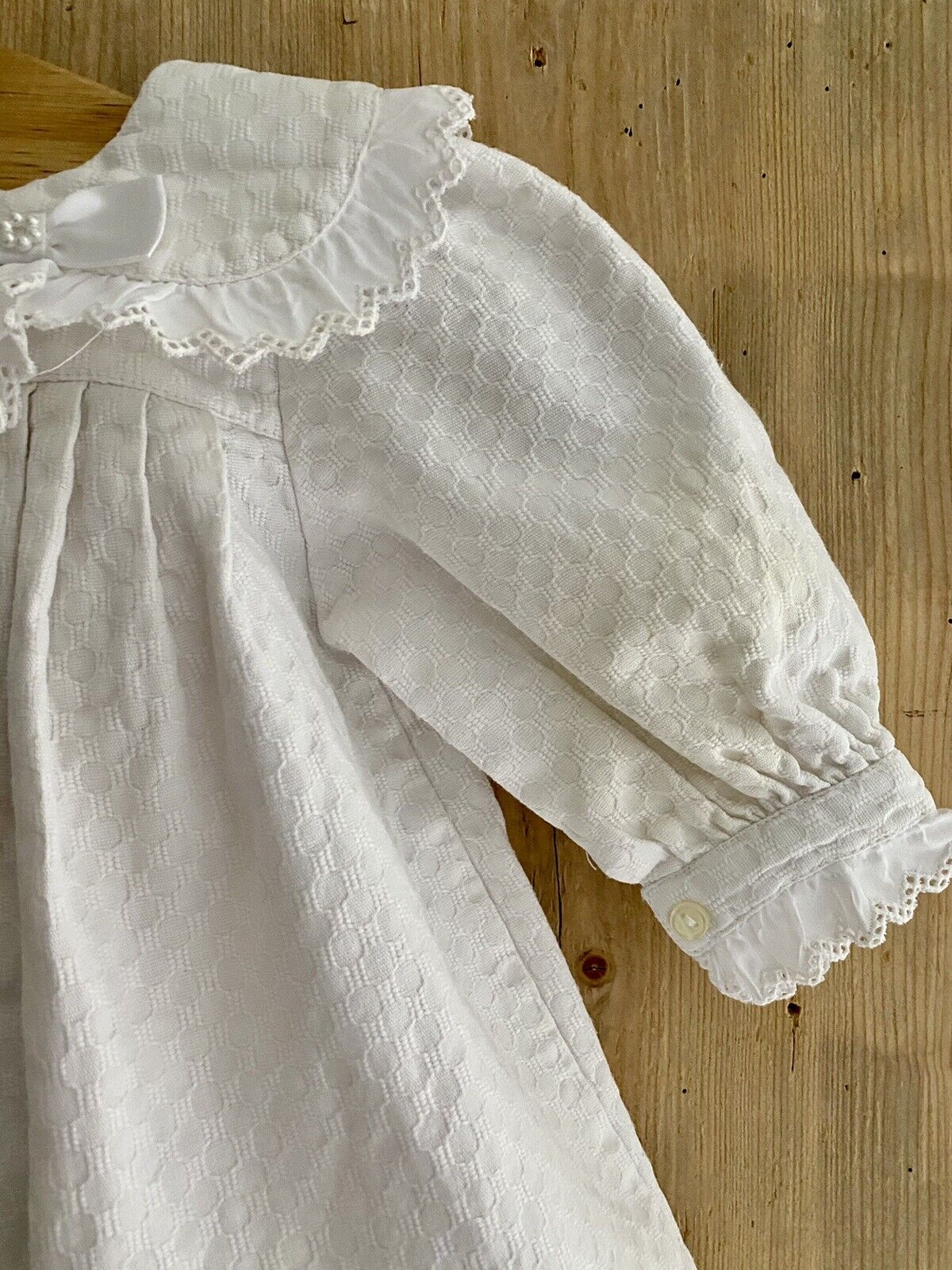 Vintage French BABY dress FRILL COLLAR PIQUE cotton DOLL c1950