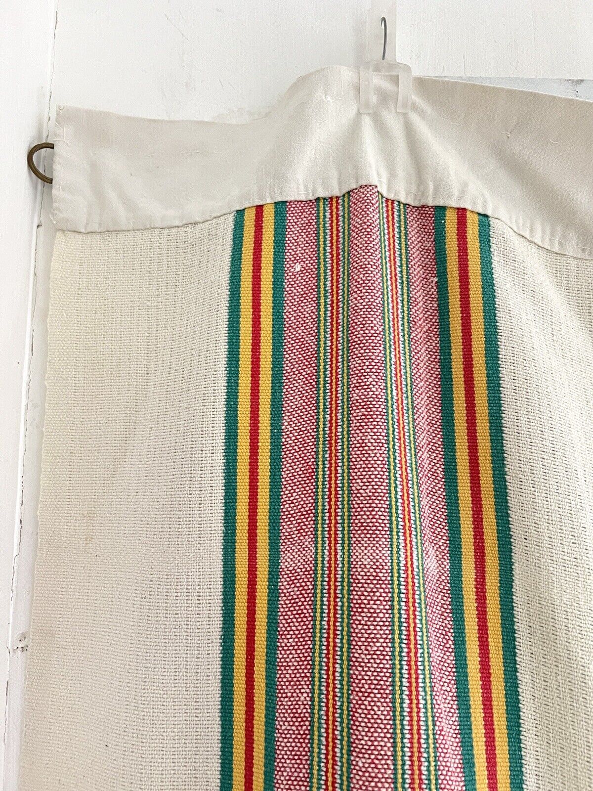 Vintage French Provencal long cotton STRIPED DOOR CURTAIN fringes c1950