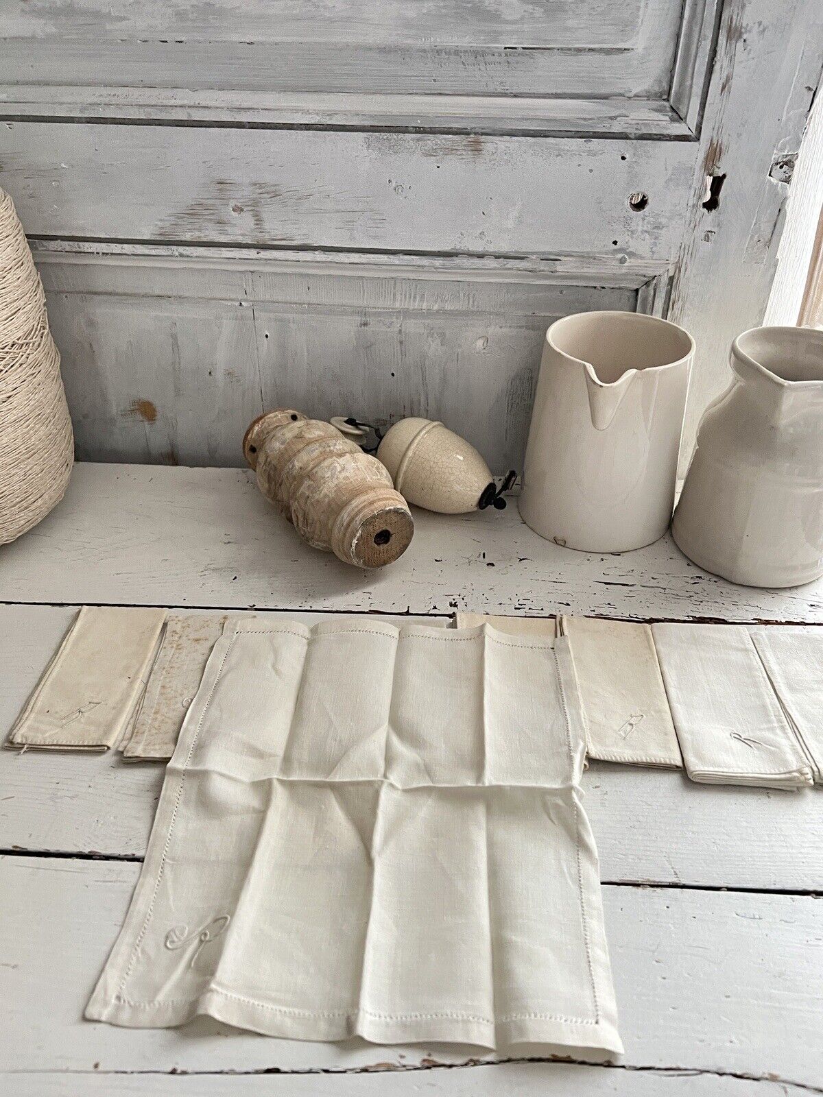 Set of 7 antique French linen cotton blend HANDKERCHIEF R mono c1900