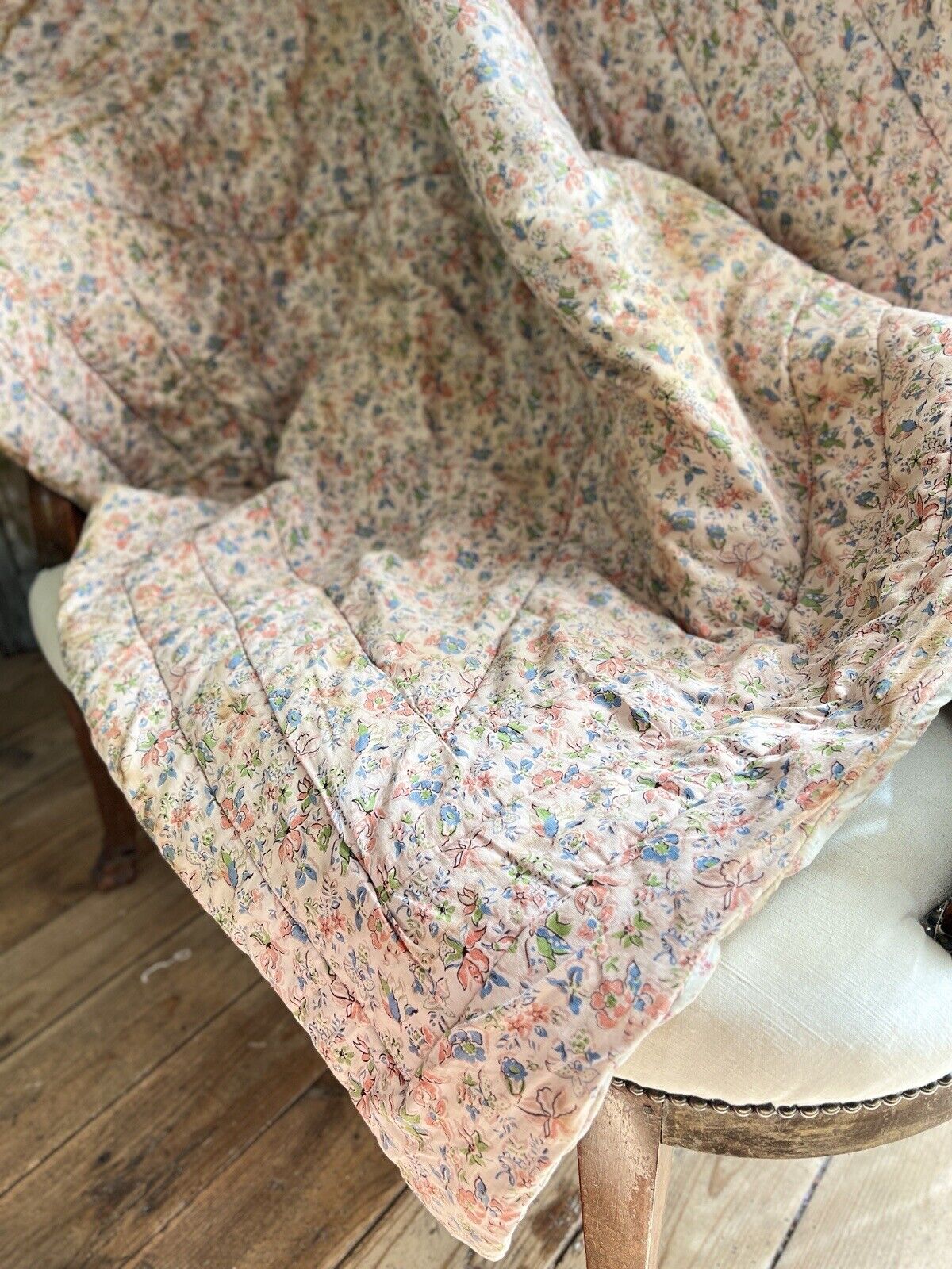 Antique French floral QUILT piqué de Marseille pale PINK decor c1850