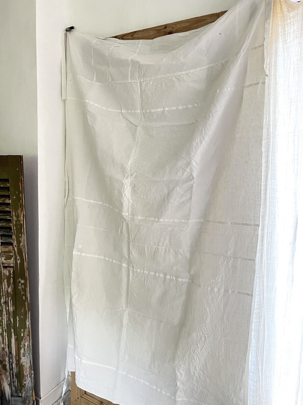 Antique French LINEN FIL PATCHED curtain DT mono c1900