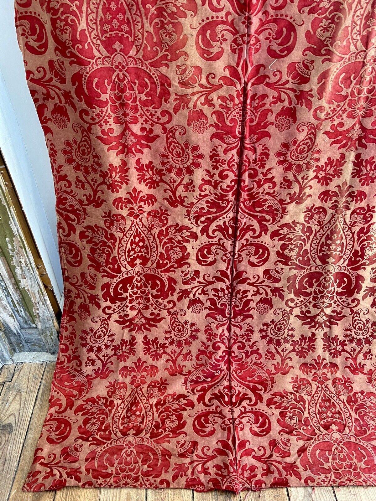 Antique French DAMASK RED GOLD SILK panel indiennes ARABESQUES DECOR c1880