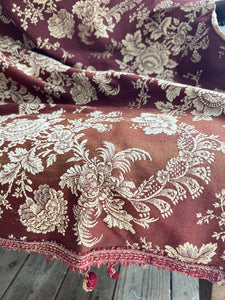 PAIR antique French FLORAL DAMASK RED GOLD cotton panels ROSES c1880