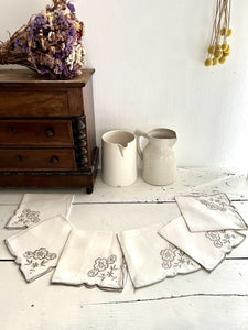 SET 6 vintage French LINEN TEA NAPKINS  gray FLORAL embroideries c1950