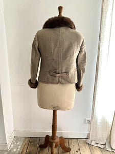 Vintage French woman beige wool spencer JACKET MINK FUR collar c1950