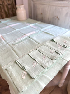 Art Deco SET French FIL OF LINEN TABLECLOTH 11 NAPKINS pale green GP m c1930