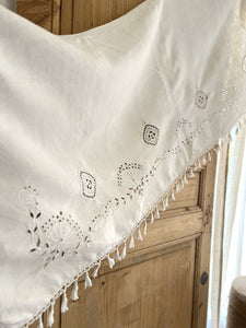 Antique French LONG linen embroidered VALANCE MANTELPIECE eyelet FRINGES c1900