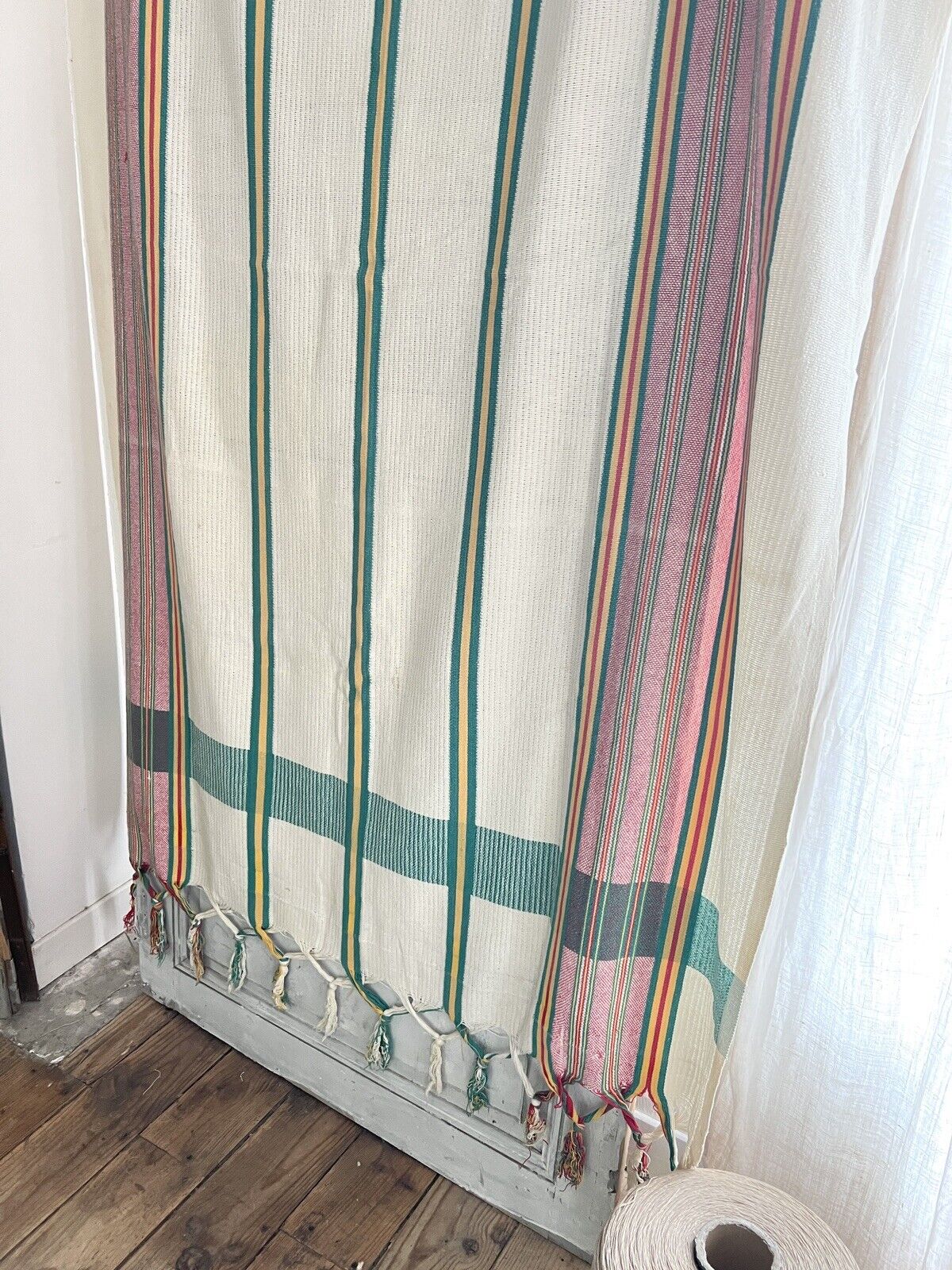 Vintage French Provencal long cotton STRIPED DOOR CURTAIN fringes c1950