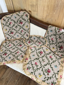 Vintage French PAIR TAPESTRY cotton chair covers floral bouquets c1950