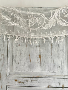 Vintage French floral MANTELPIECE COVER curtain cotton FILET LACE FRINGES c1930