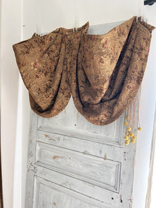 Antique French PAIR GOLD floral DAMASK VALANCES braid DRAPE c1880