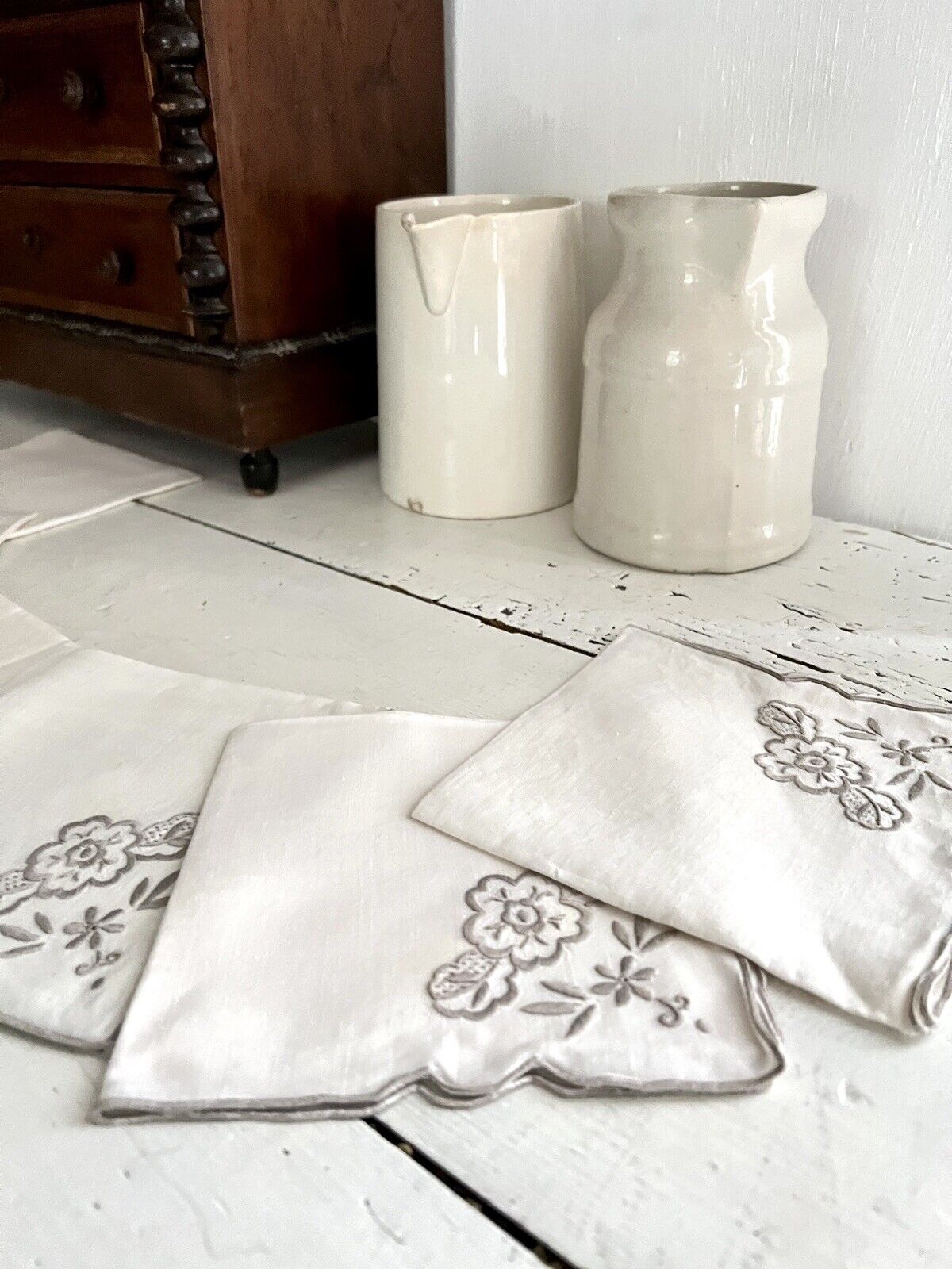 SET 6 vintage French LINEN TEA NAPKINS  gray FLORAL embroideries c1950