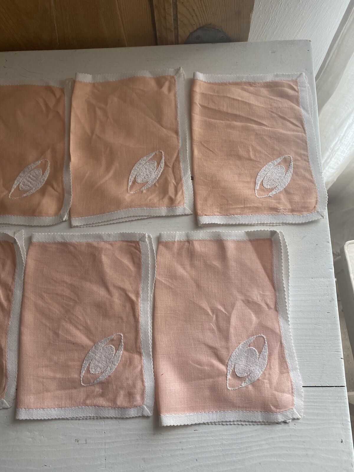 Set 10 vintage French LINEN TEA NAPKINS embroideries PALE PINK shabby chic c1950