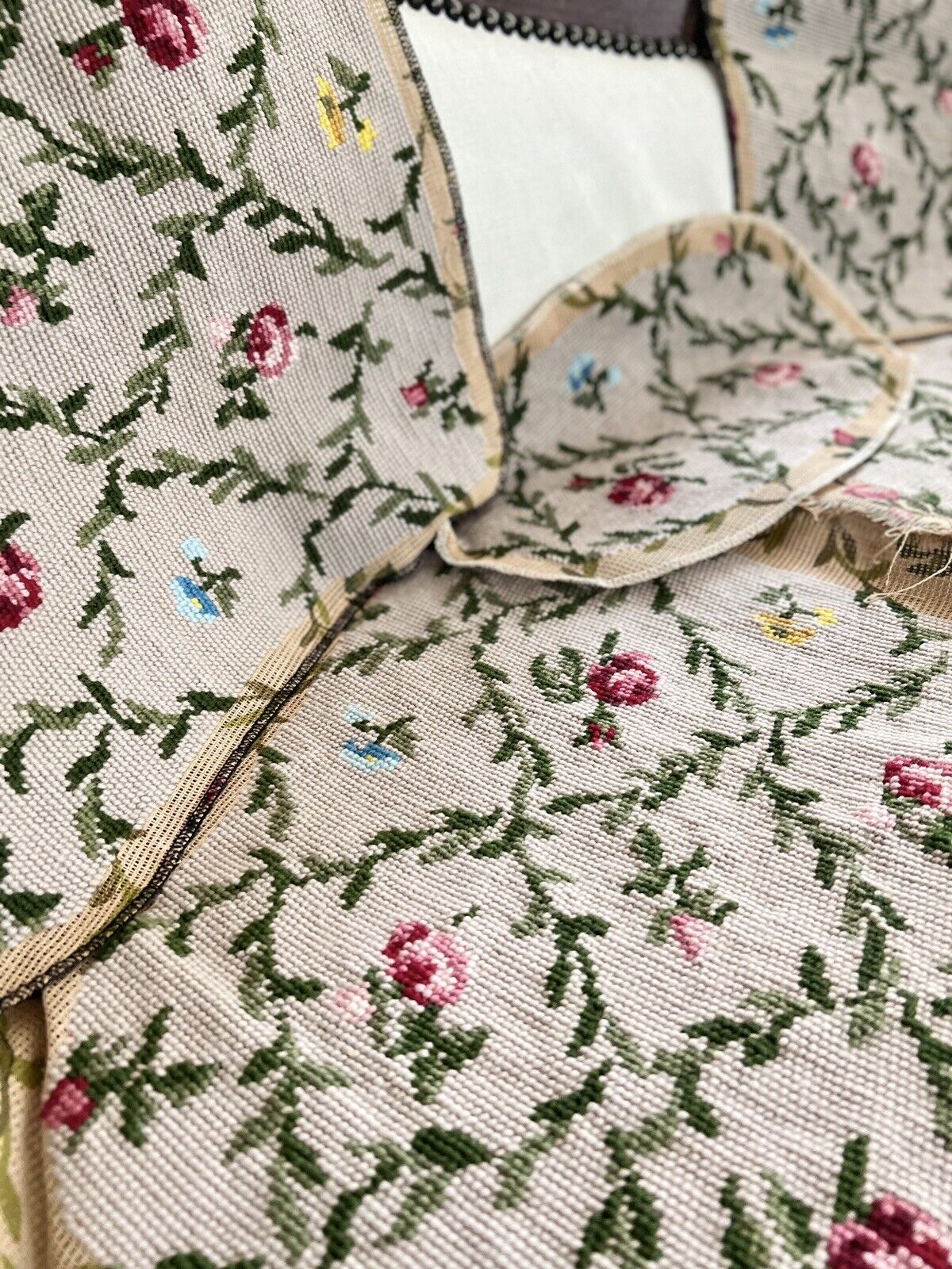 Vintage French PAIR TAPESTRY cotton chair covers floral bouquets c1950