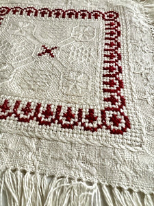 SET 5 French EMBROIDERED damask cotton DOILIES mat RED DECOR fringes c1930